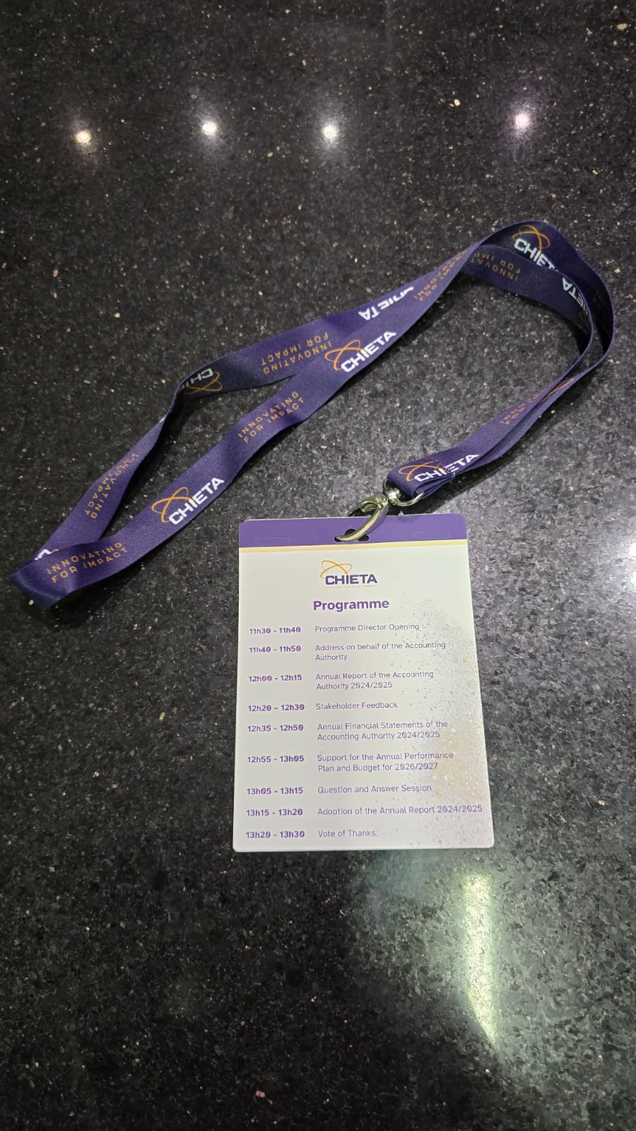 CHIETA AGM 2025 double sided name badge reverse with programme and lanyard