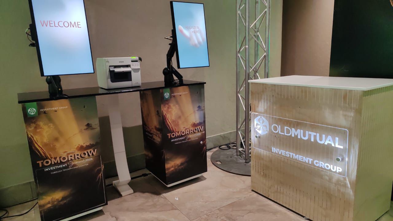 Old Mutual Investment Summit 2025 portrait touchscreen registration kiosks